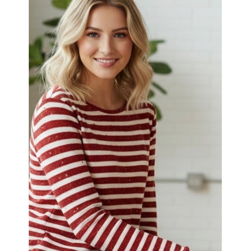 TALBOTS Red White Stripe Sequined Knit Top 3/4 Sleeve‎ Women's Petite Small - Picture 4 of 13